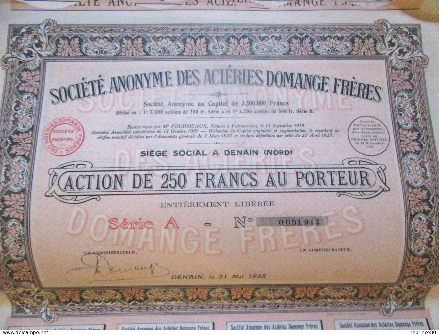 DENAIN- ACTION DE 250 FRANCS AU PORTEUR - SOCIETE DES ACIERIES DOMANGE FRERES- LOT DE  99 - Industrial