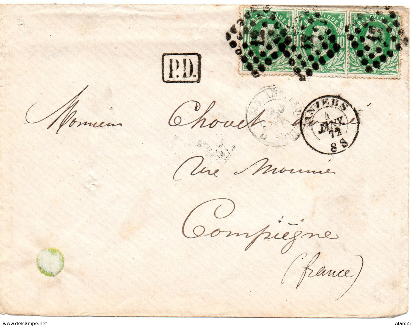 1872. "ANVERS-8 S" POUR LA FRANCE. "P.D.".AMBULANT "ERQUELINES". LSC. - 1869-1883 Léopold II