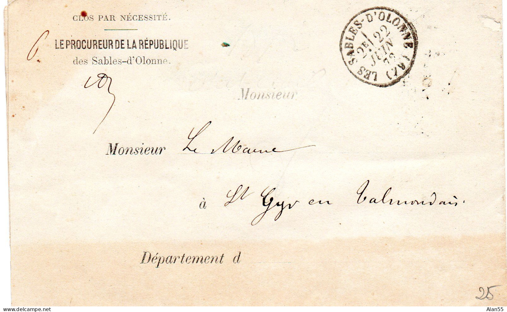 79- LES SABLES-D'OLONNE. 1872.37-GRENOBLE .1878. DEUX LAC. - Lettres Civiles En Franchise