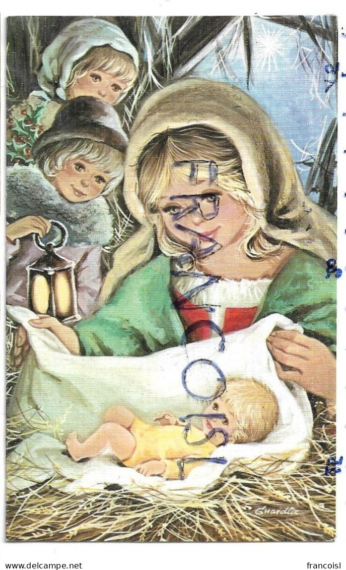 Vierge Couvre L'Enfant Jésus, Bergers Et Lanterne Par Guardia - Vergine Maria E Madonne