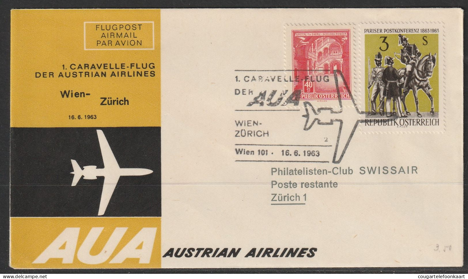 1963, AUA, Erstflug, Wien - Zürich - Erst- U. Sonderflugbriefe