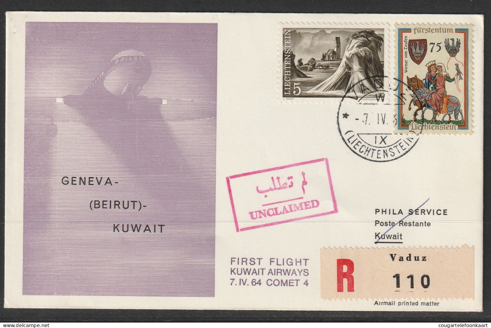 1964, Kuwait Airways, Erstflug, Liechtenstein - Kuwait - Posta Aerea