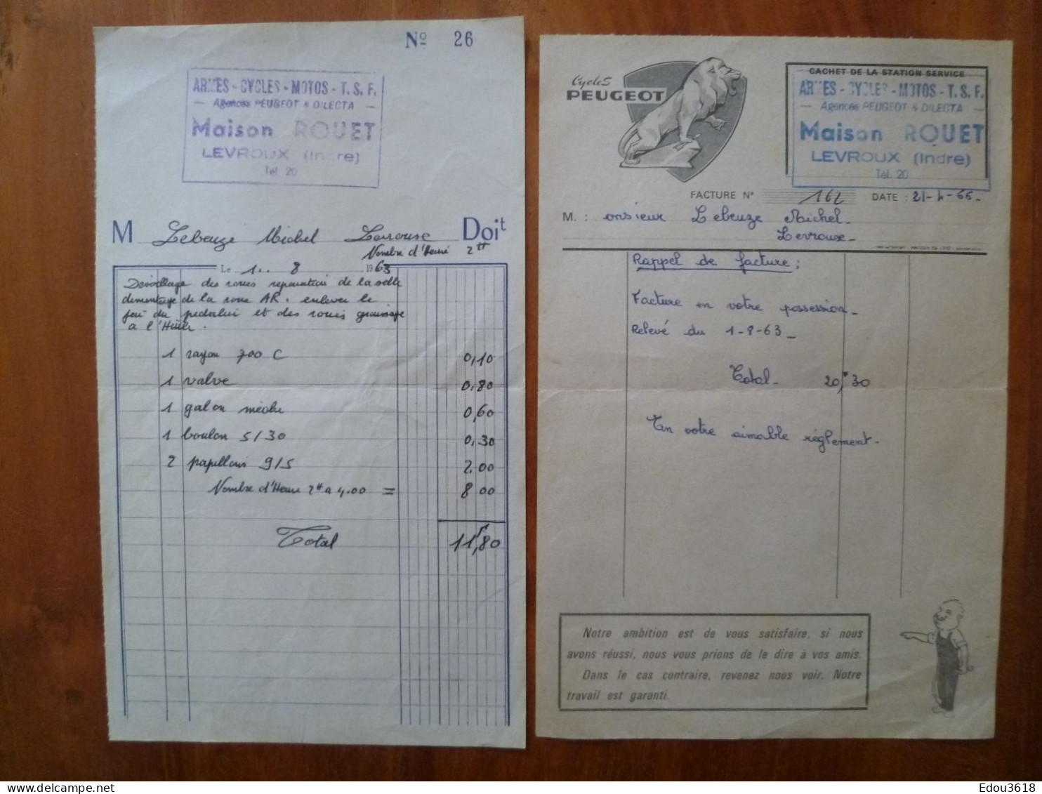 Lot 2 Facture Maison Rouet Levroux (indre) Armes Cycles Motos TSF Agence Peugeot & Dilecta 1963 T. S. F. - Straßenhandel Und Kleingewerbe