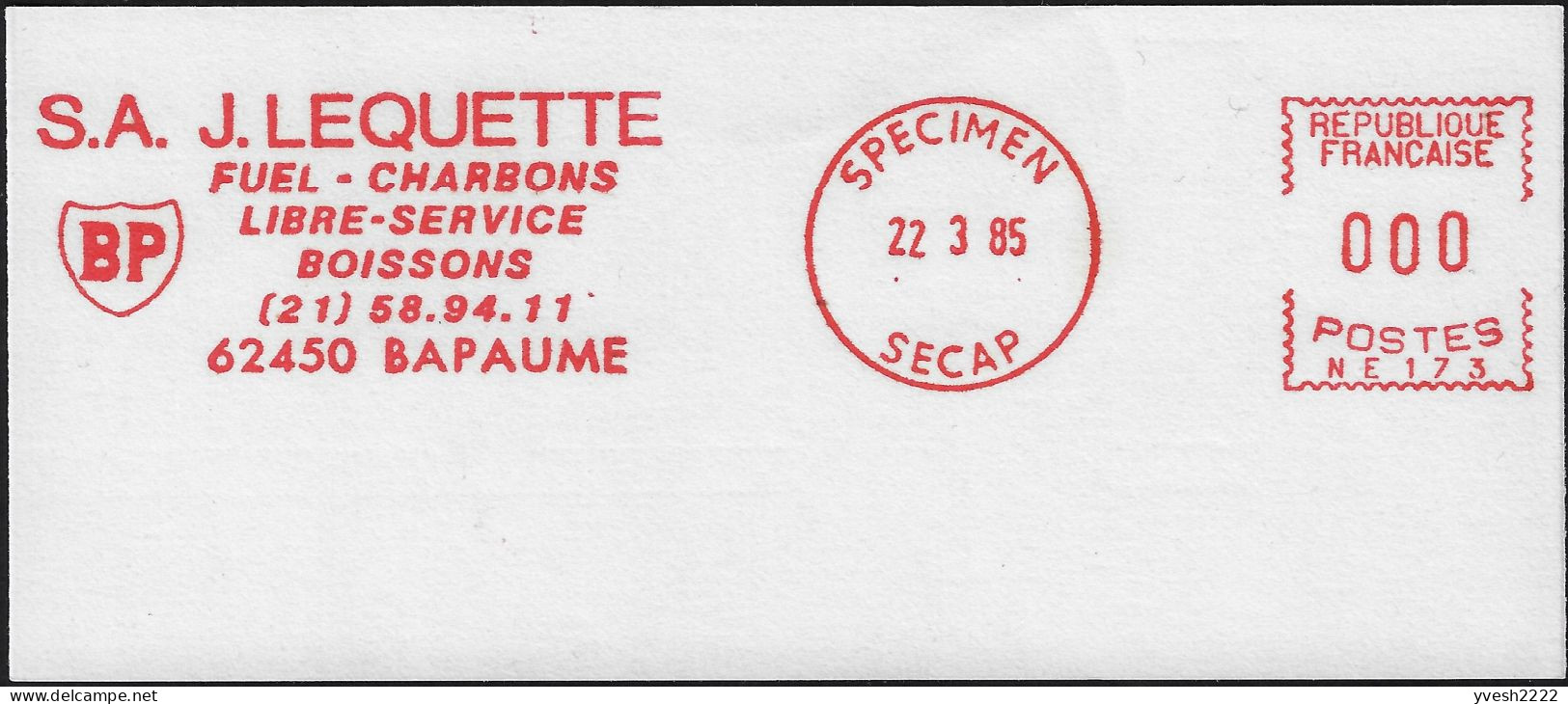 France 1985. EMA, Empreinte De Machine à Affranchir Spécimen. BP, SA J. Lequette, Fuel Charbons, Libre-service, Boissons - Aardolie