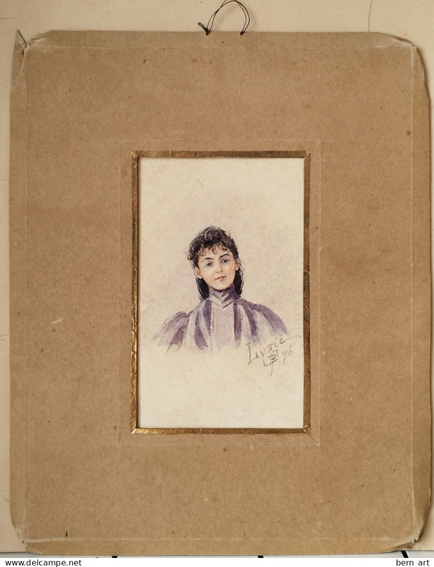 Aquarelle.- "Jeune Femme En Buste". Modèle Lysie. Signée B.F.  Atelier B. Flournoy Genève 1896. - Wasserfarben