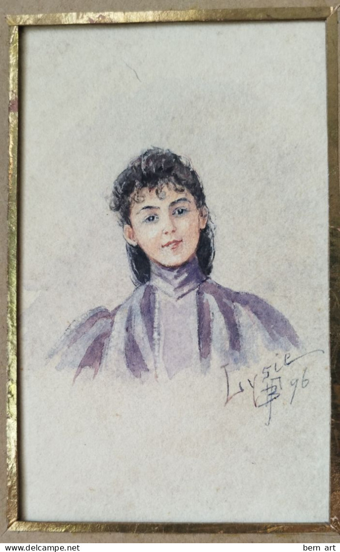 Aquarelle.- "Jeune Femme En Buste". Modèle Lysie. Signée B.F.  Atelier B. Flournoy Genève 1896. - Aquarel