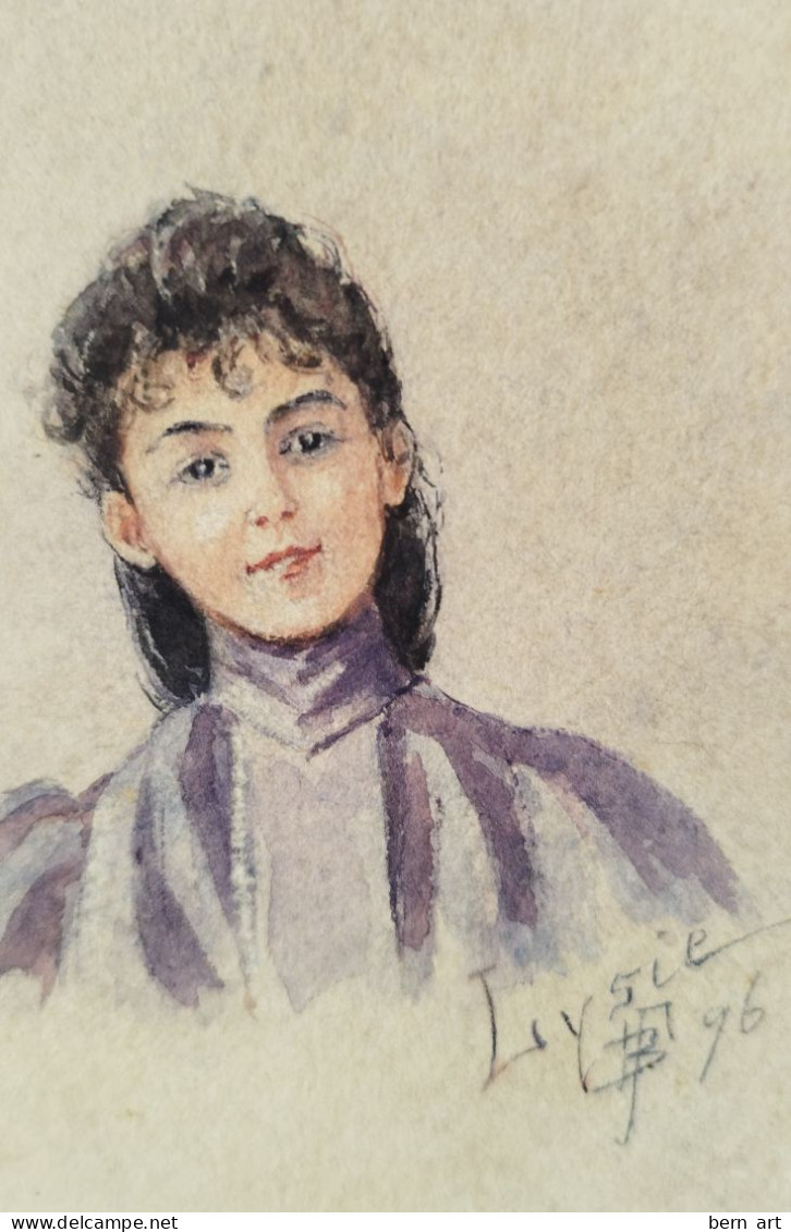 Aquarelle.- "Jeune Femme En Buste". Modèle Lysie. Signée B.F.  Atelier B. Flournoy Genève 1896. - Aquarelles