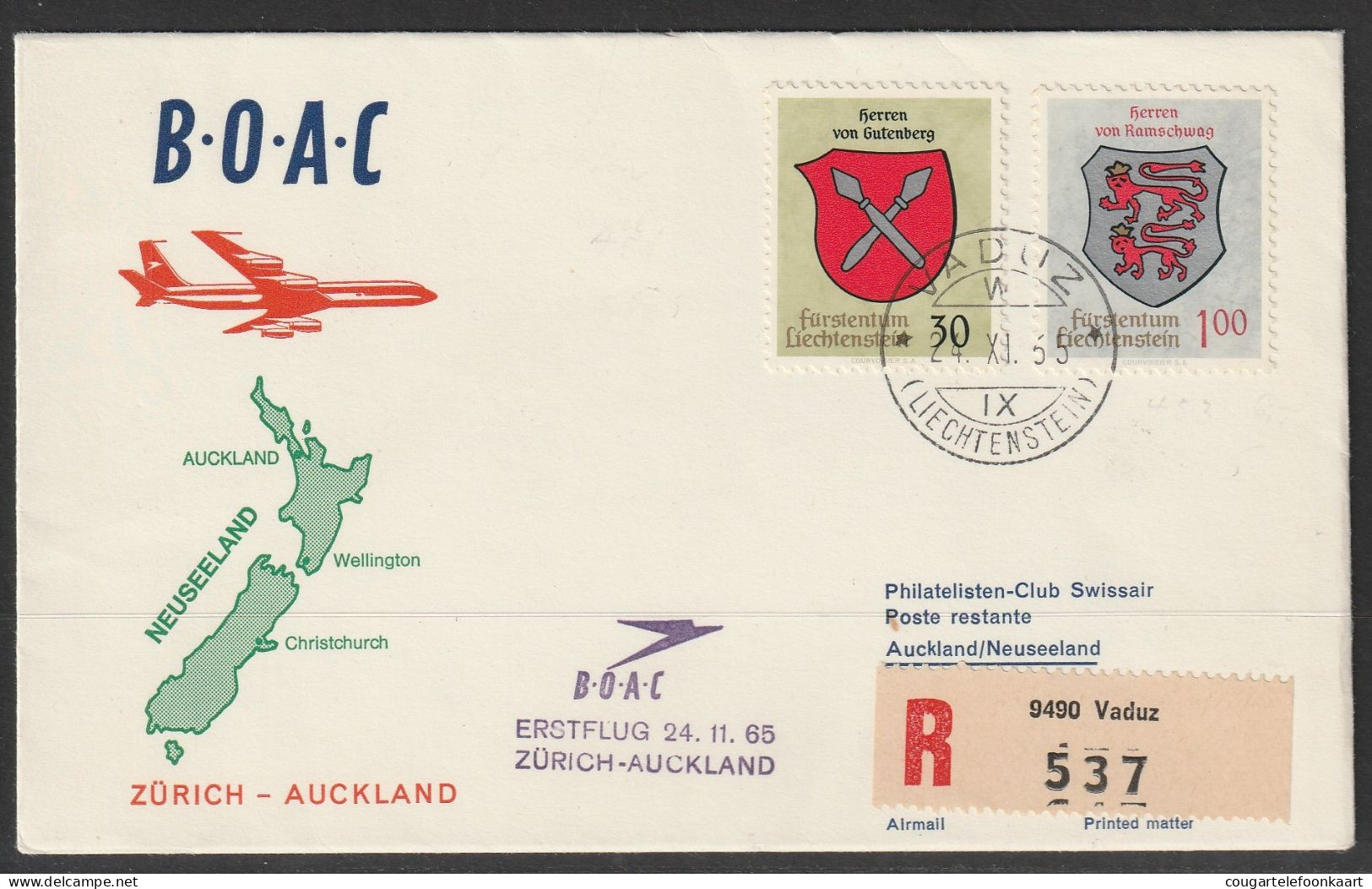 1965, BOAC, Erstflug, Liechtenstein - Auckland - Luchtpostzegels