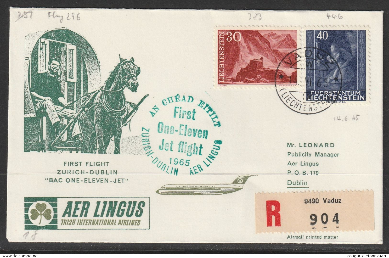 1965, Aer Lingus, Erstflug, Liechtenstein - Dublin Ireland - Luchtpostzegels