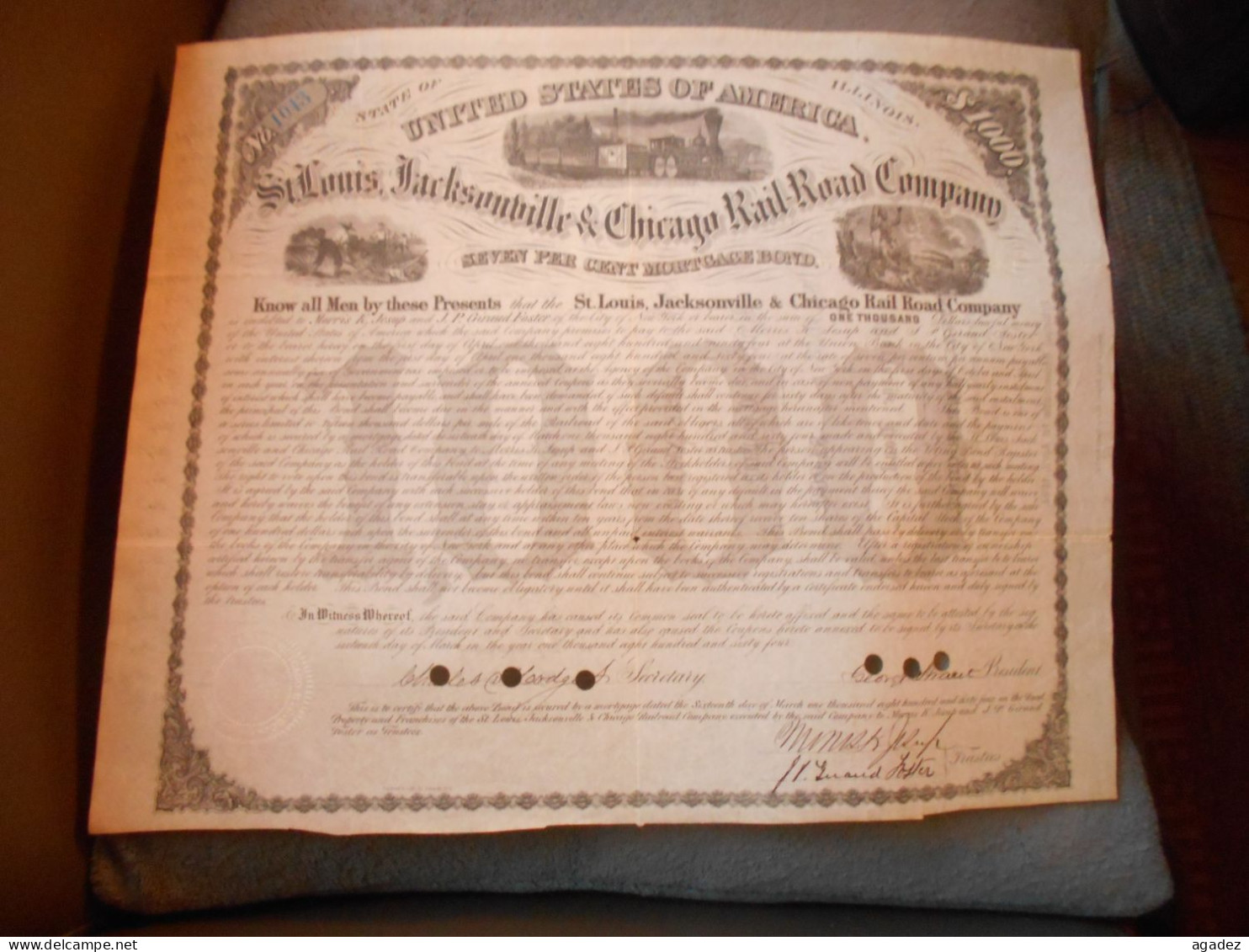 Bond St Louis Jacksonville & Chicago Rail Road Company 1864 - Chemin De Fer & Tramway