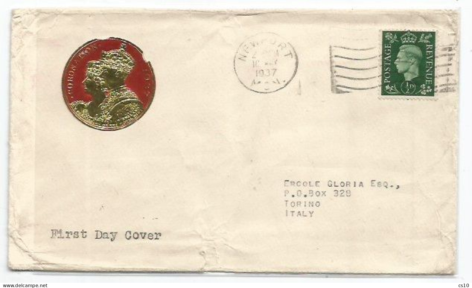 UK Britain Coronation King George VI - 1937 FDC Newport 10may With Half Penny To Italy - Cartas & Documentos