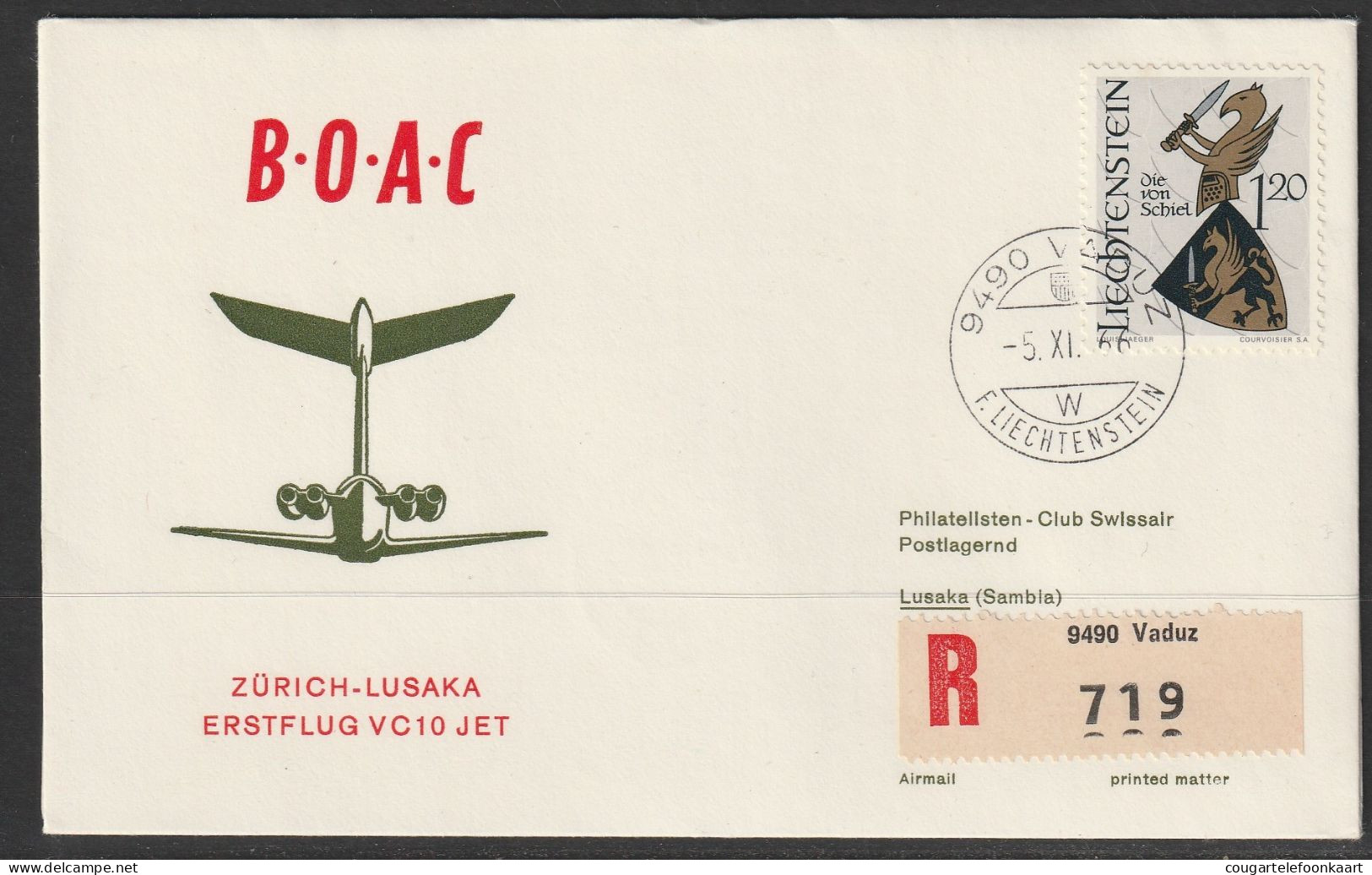 1966, BOAC, Erstflug, Liechtenstein - Lusaka Zambia - Poste Aérienne