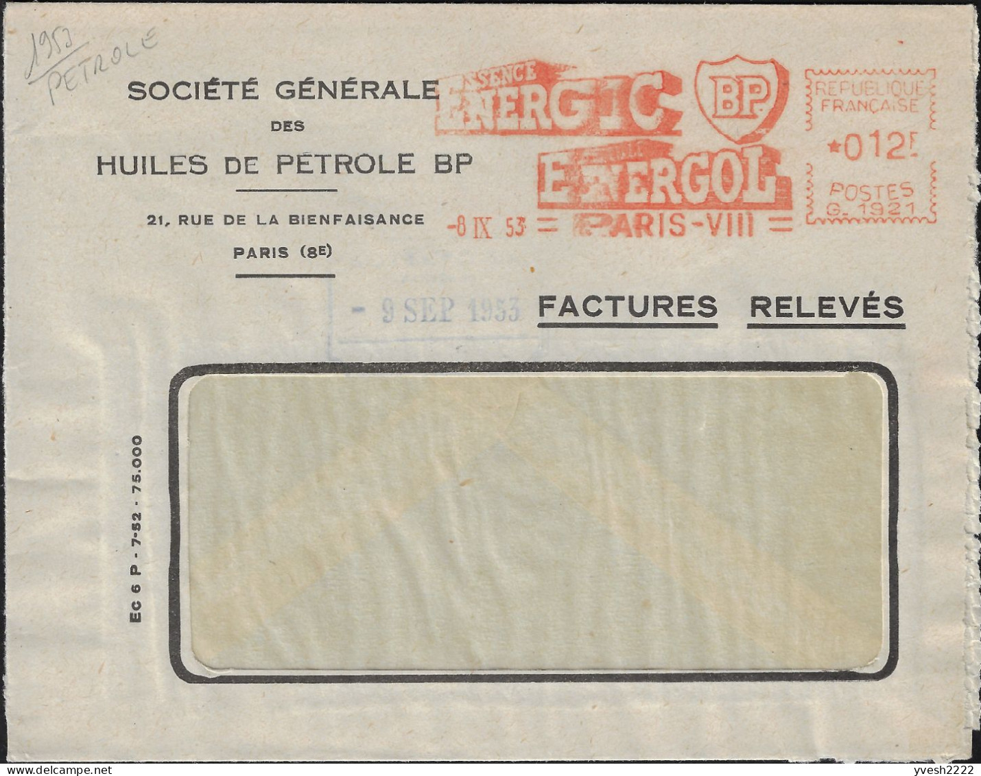 France 1953. EMA, Empreinte De Machine à Affranchir. BP, Essence Energic Energol - Pétrole