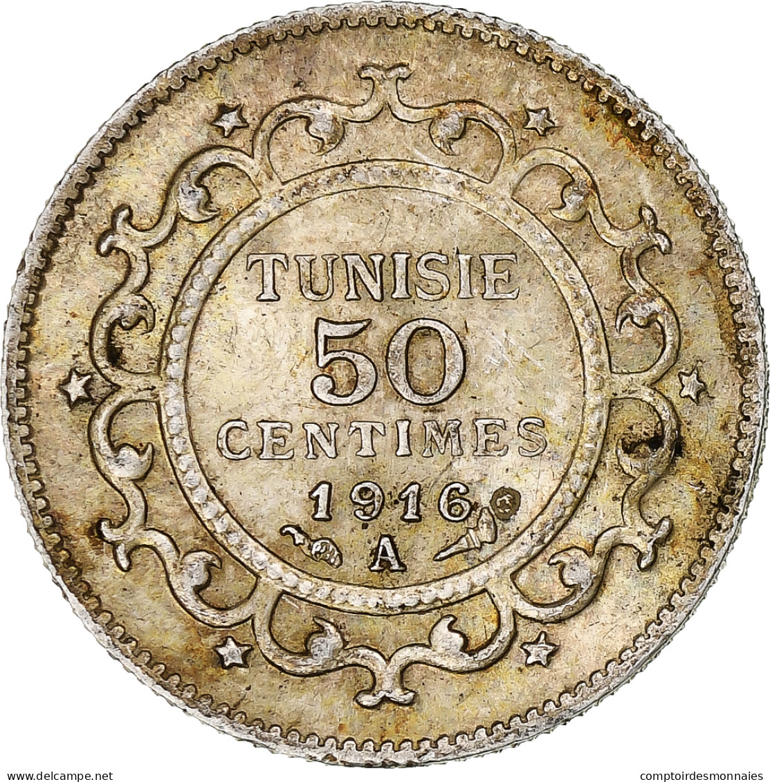 Tunisie, Muhammad Al-Nasir Bey, 10 Centimes, 1916, Paris, Argent, TTB+ - Tunisia