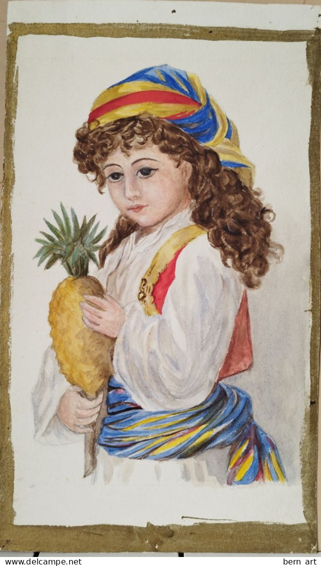 Aquarelle.- "Jeune Femme Maghrébine à L'Ananas". Signée Au Verso Et Datée Décembre -Janvier 1886-1887. - Aquarelles