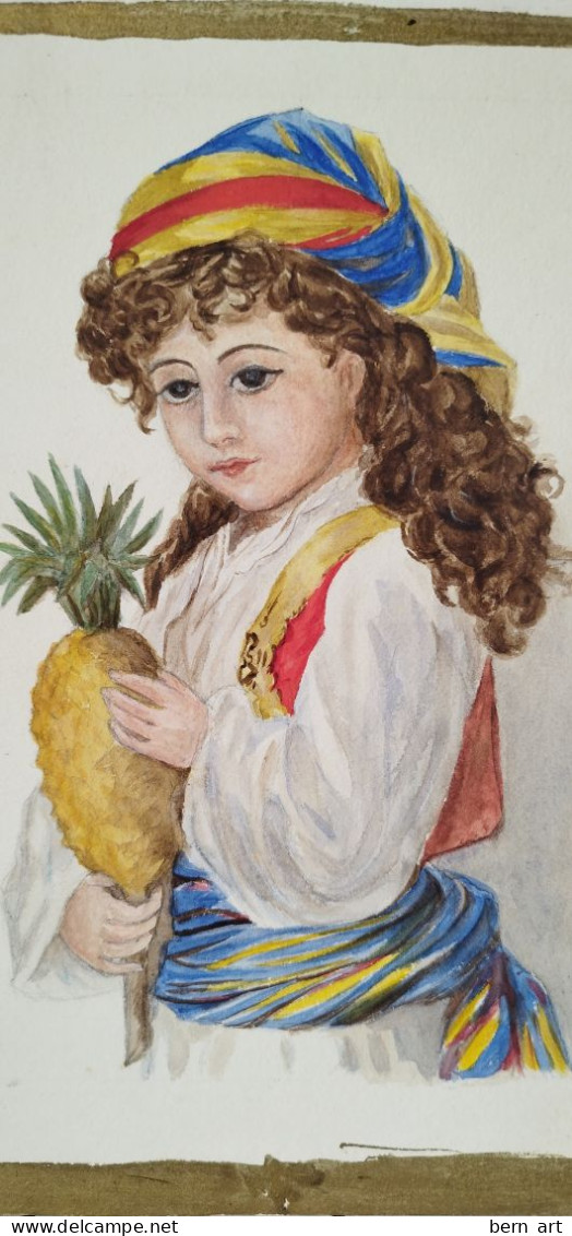 Aquarelle.- "Jeune Femme Maghrébine à L'Ananas". Signée Au Verso Et Datée Décembre -Janvier 1886-1887. - Aquarelles