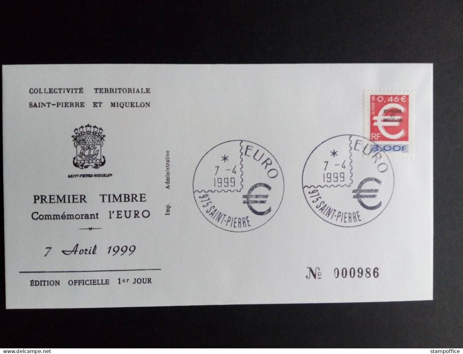 SAINT-PIERRE ET MIQUELON MI-NR. 775 FDC EINFÜHRUNG DES EURO 1999 - FDC