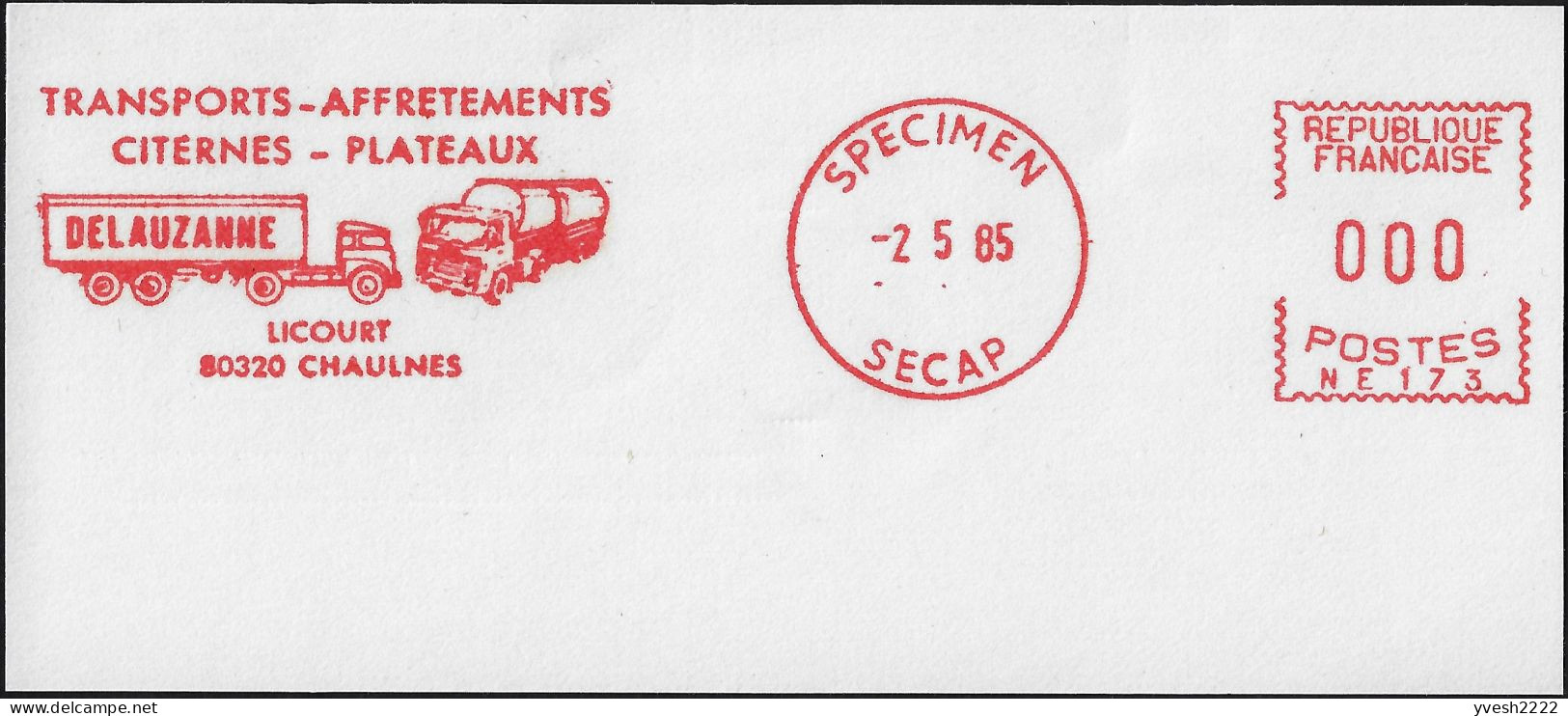 France 1985. EMA Spécimen, Empreinte De Machine à Affranchir. Transports, Affrètements, Citernes, Plateaux. Camions - Camiones