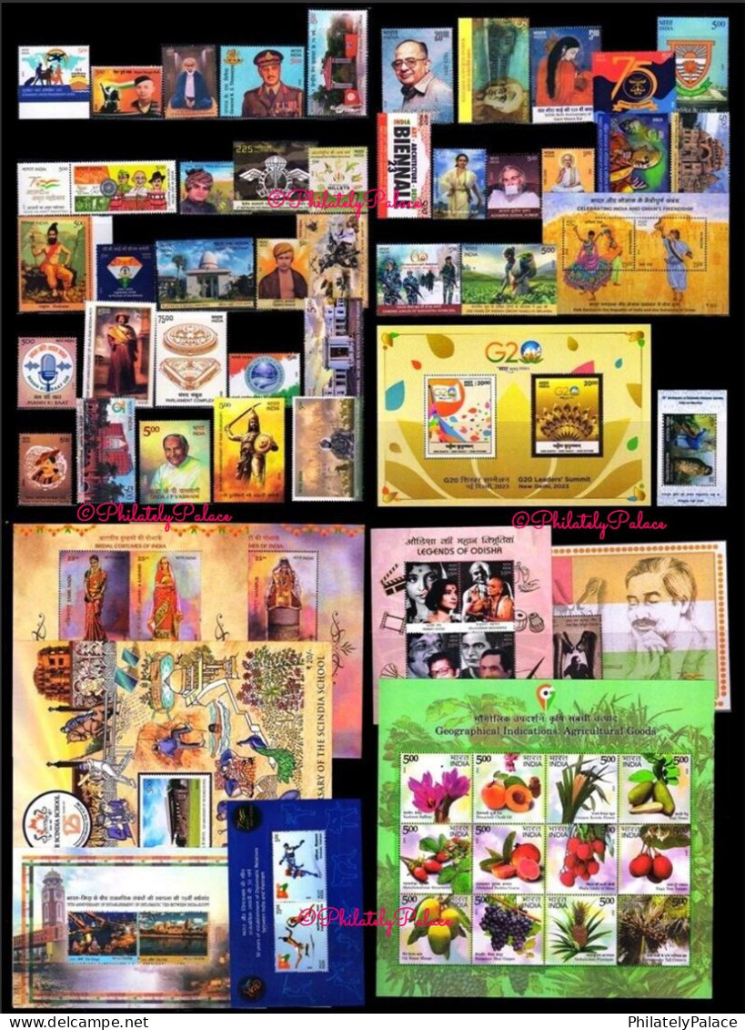 INDIA 2023 Joint Issue,Fruit,G20,Bird,Cinema,Police,Architecture,All 74 Full Stamps,Year Pack Set,MNH (**) Inde Indien - Nuevos