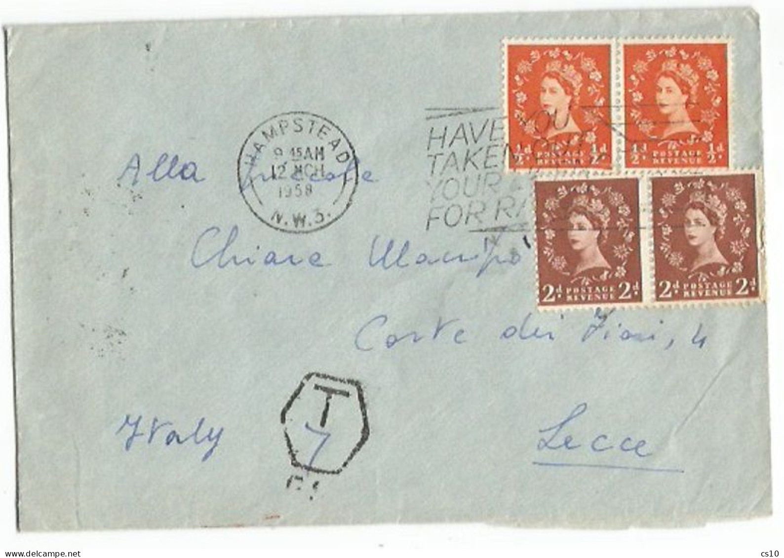UK Britain Underfranked CV Hampstead 12mar58 To Italy With D.2 Pair + 0d5 Pair With Tax Markings - Storia Postale