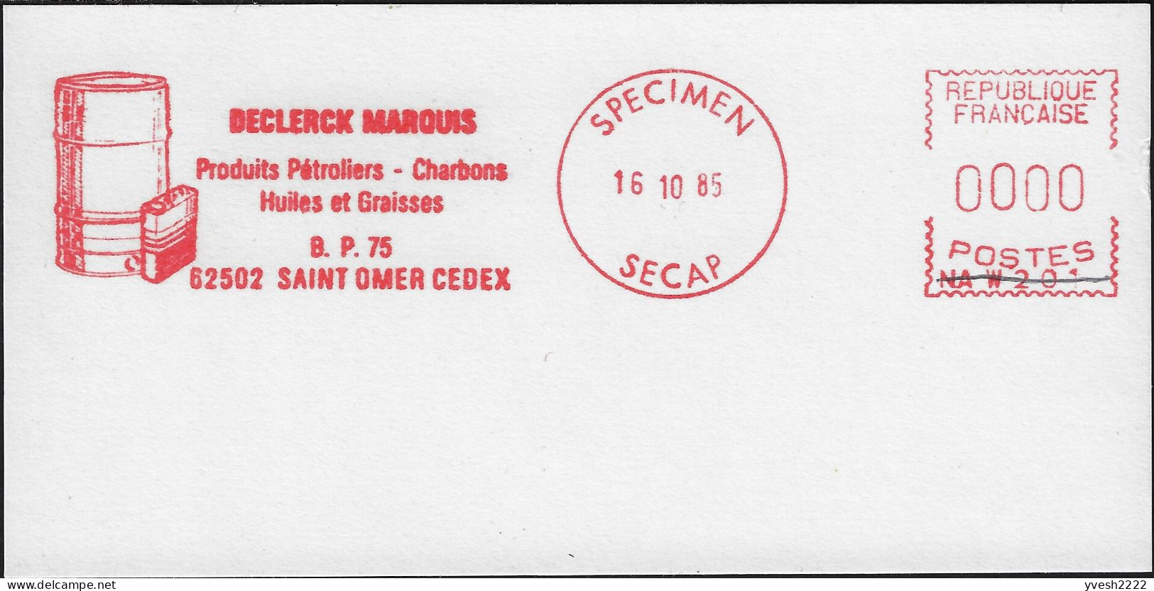 France 1985. EMA Empreinte De Machine à Affranchir Secap Spécimen. Declercx Marquis. Bidons De Pétrole, Charbons, Huiles - Oil