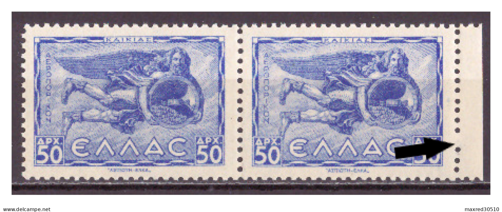 GREECE 1943 AIRPOST ISSUE HORIZONTAL PAIR 50DR. OF "WINDS II" WITH PRINTING ERROR AT THE RIGHT PERFORATION SEE DESCRIBE - Variedades Y Curiosidades