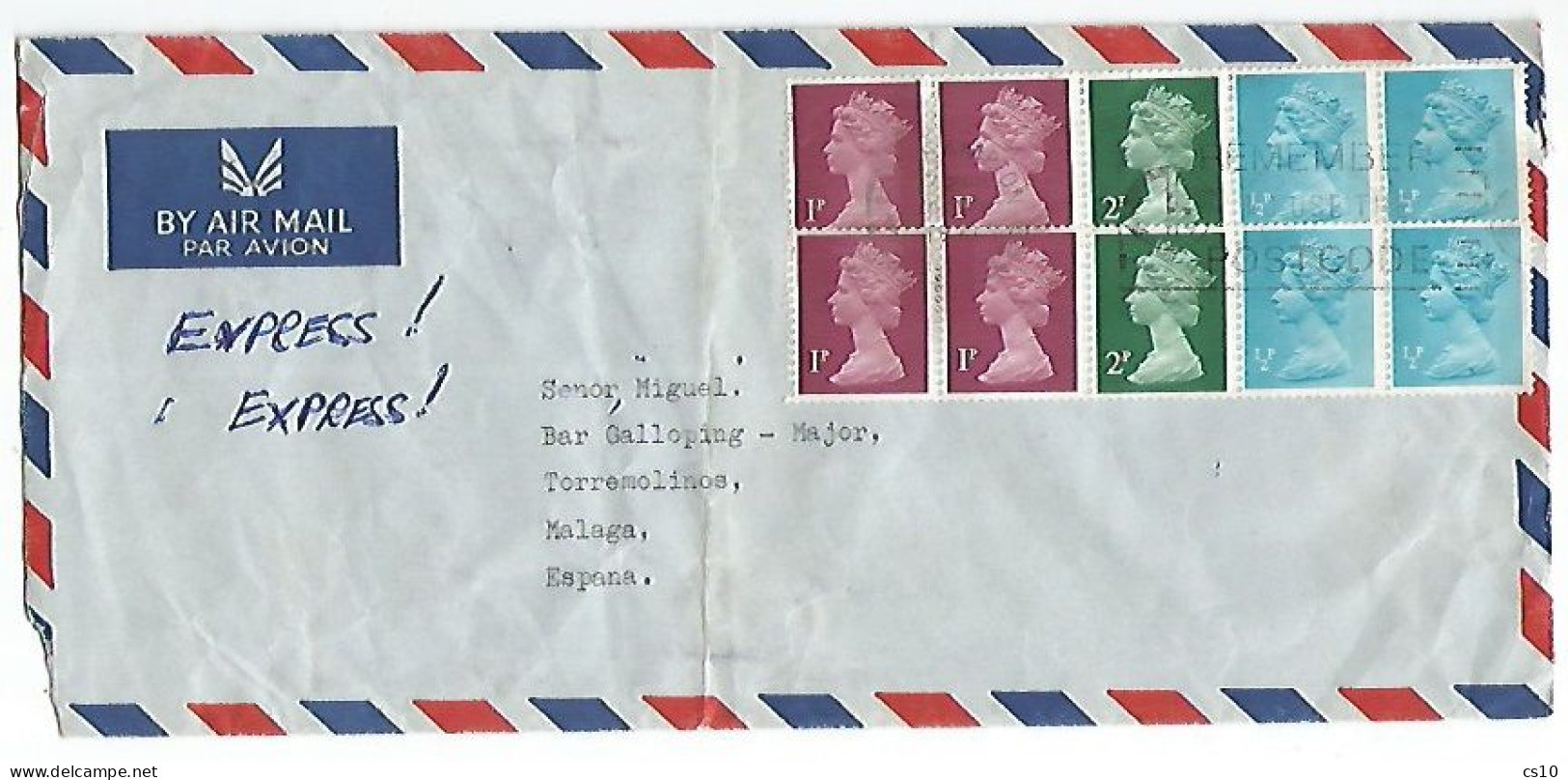 UK Britain Express Airmail CV Southampton 24may1971 X Spain With 2x Coil Strip 5pcs 1+1+2+0.5+0.5  !! Correct Rate 10p - Série 'Machin'