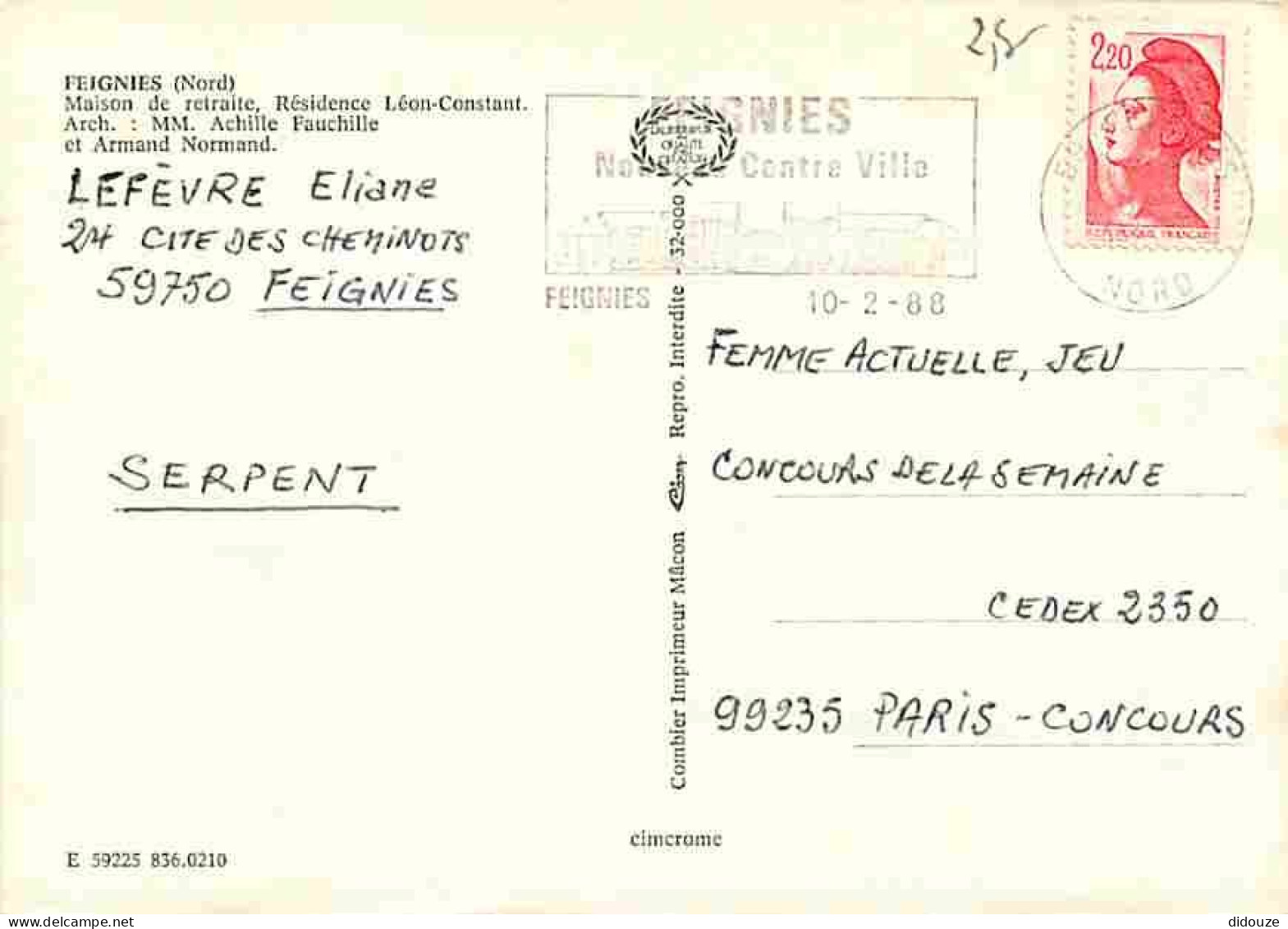 59 - Feignies - Maison De Retraite - Résidence Léon Constant - Automobiles - Flamme Postale - CPM - Voir Scans Recto-Ver - Feignies