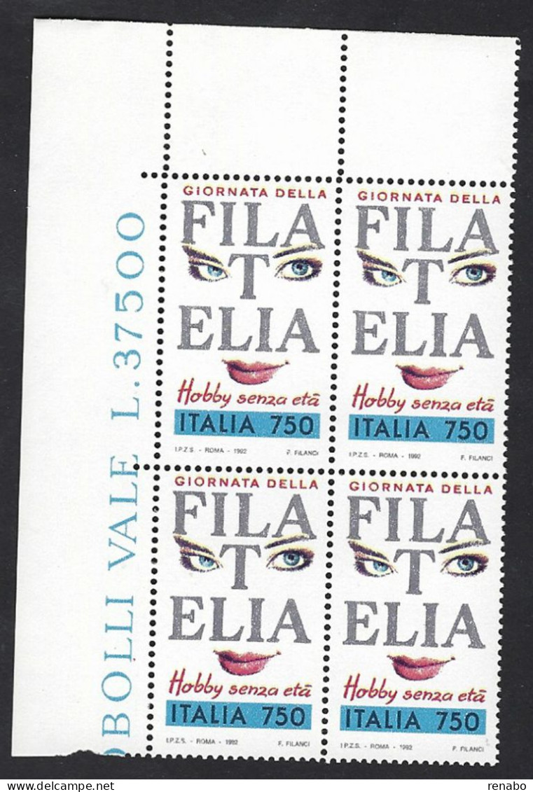 Italia 1992; Giornata Della Filatelia, Quartina Di Angolo Superiore. - 1991-00: Mint/hinged