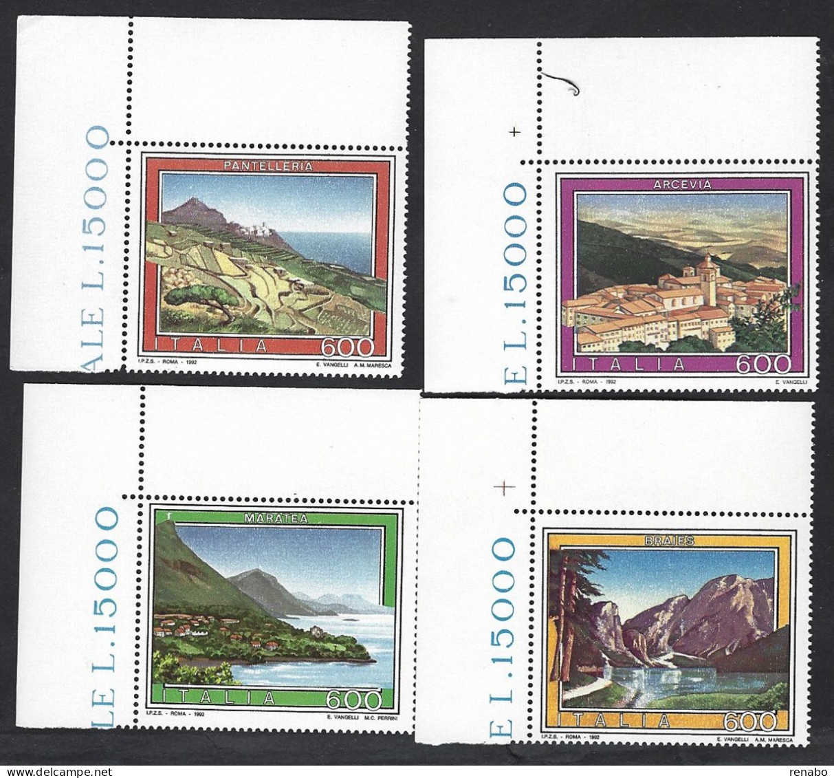 Italia 1992; Turistica: Pantelleria + Arcevia + Maratea + Braies, Serie Completa In Francobolli Di Angolo Superiore. - 1991-00: Ungebraucht