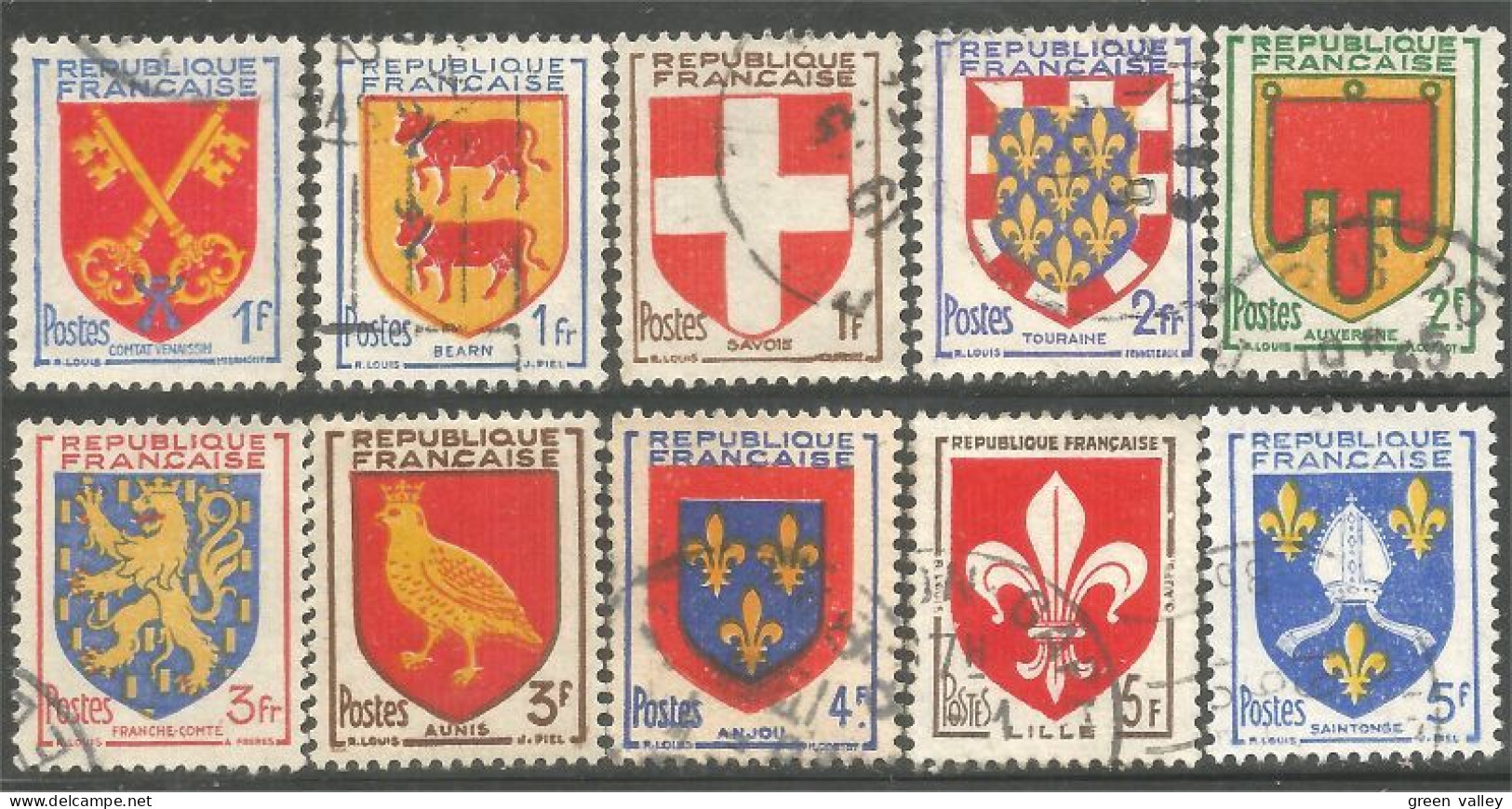 329 France 10 Timbres Différents Blasons Armoiries Coat Of Arms TB Oblitérations Légères VF Light Cancels (559b) - Used Stamps
