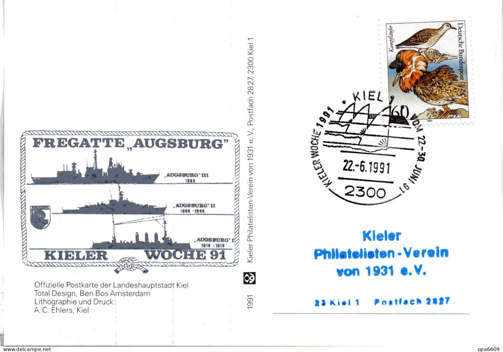 (Freg3) BRD Sonderkarte "Kieler Woche 1991" FREGATTE "AUGSBURG" F213 Kieler Woche 1991" EF BRD TSt 22.6.91 KIEL 1 - Schiffe