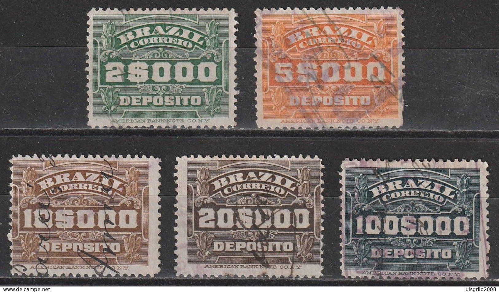 Revenue/ Fiscaux, Brazil 1920 - Depósito, Receita Fiscal -|- 2$000, 5$000, 10$000, 20$000, 100$000 - Segnatasse