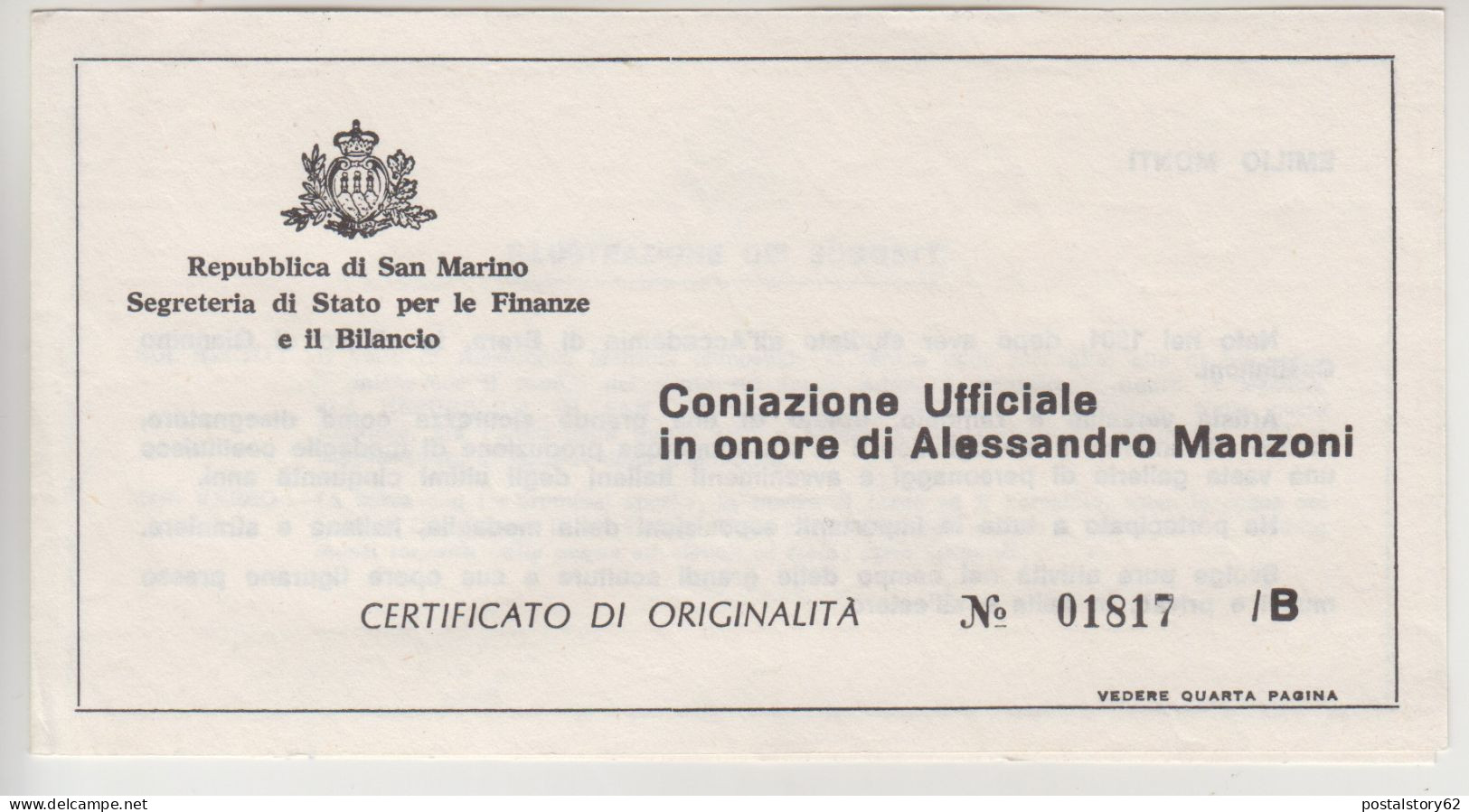 Repubblica Di San Marino - Coniazione Ufficiale In Onore Di Alessandro Manzoni Nel Centenario Della Morte 1973 In Bronzo - Otros & Sin Clasificación