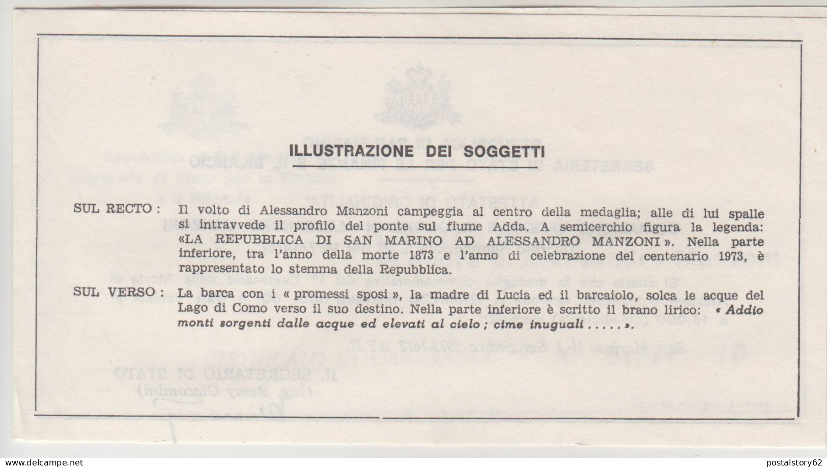 Repubblica Di San Marino - Coniazione Ufficiale In Onore Di Alessandro Manzoni Nel Centenario Della Morte 1973 In Bronzo - Other & Unclassified