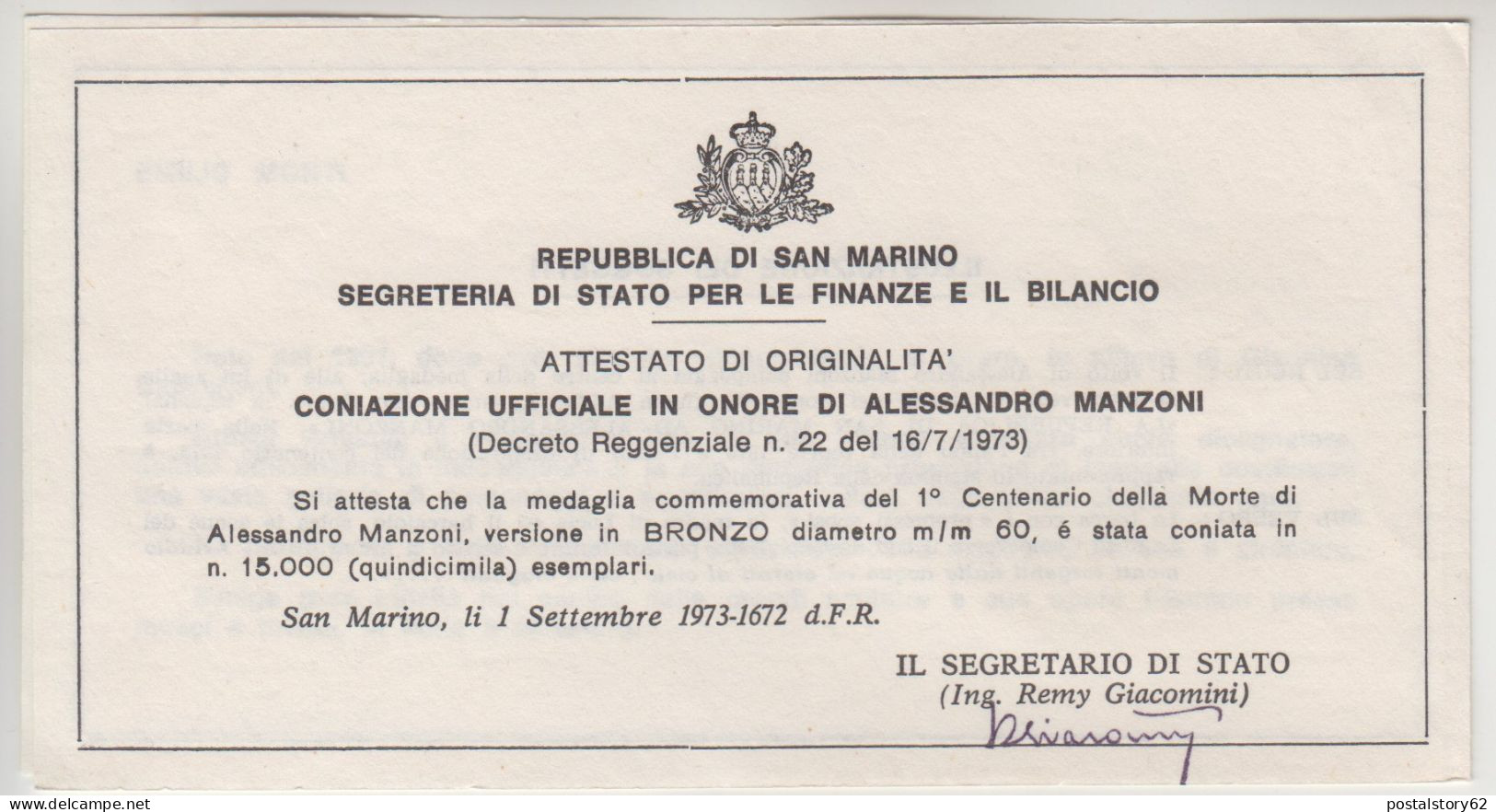 Repubblica Di San Marino - Coniazione Ufficiale In Onore Di Alessandro Manzoni Nel Centenario Della Morte 1973 In Bronzo - Otros & Sin Clasificación