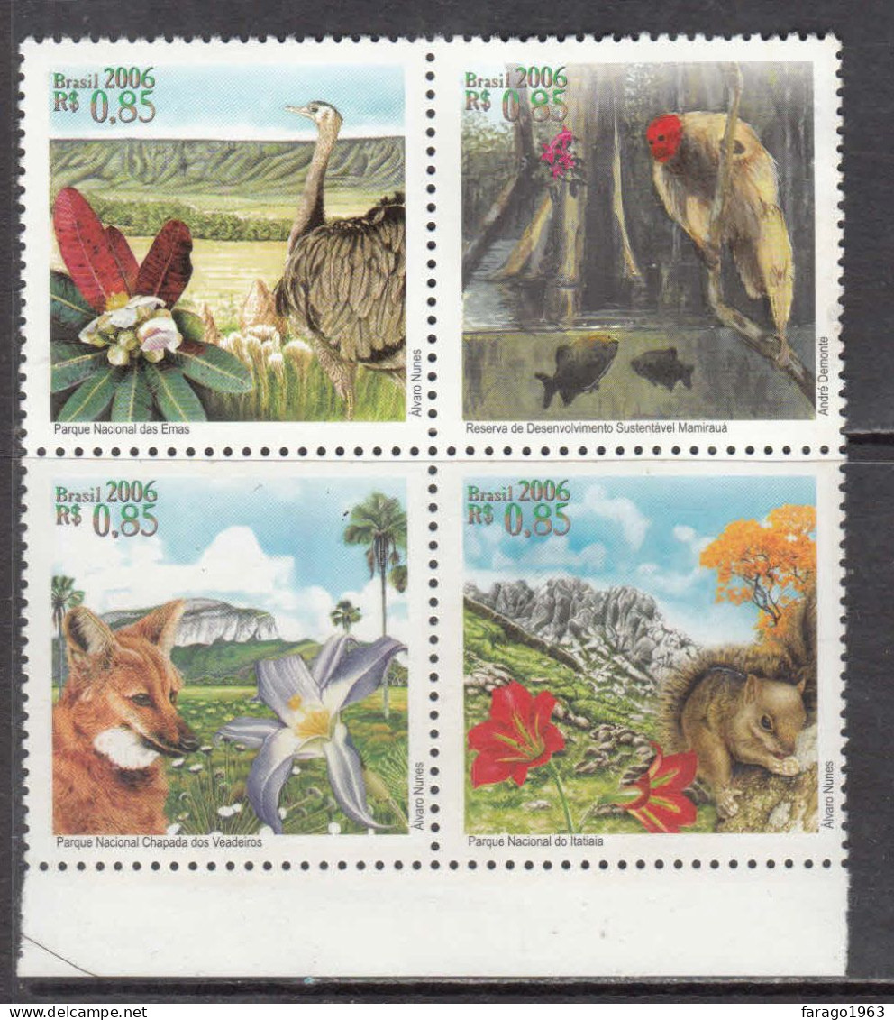2006 Brazil National Parks Birds Flora Monkeys Complete Block Of 4 MNH - Unused Stamps