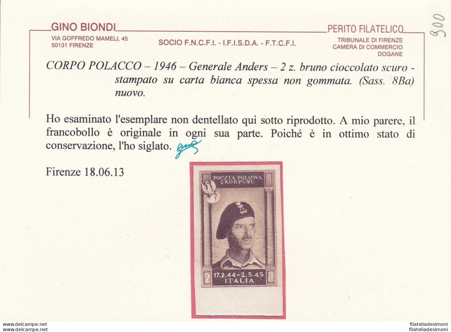 1946 CORPO POLACCO, N° 8Ba 2z. Bruno Cioccolato Scuro CARTA SPESSA (*) - 1946-47 Période Corpo Polacco