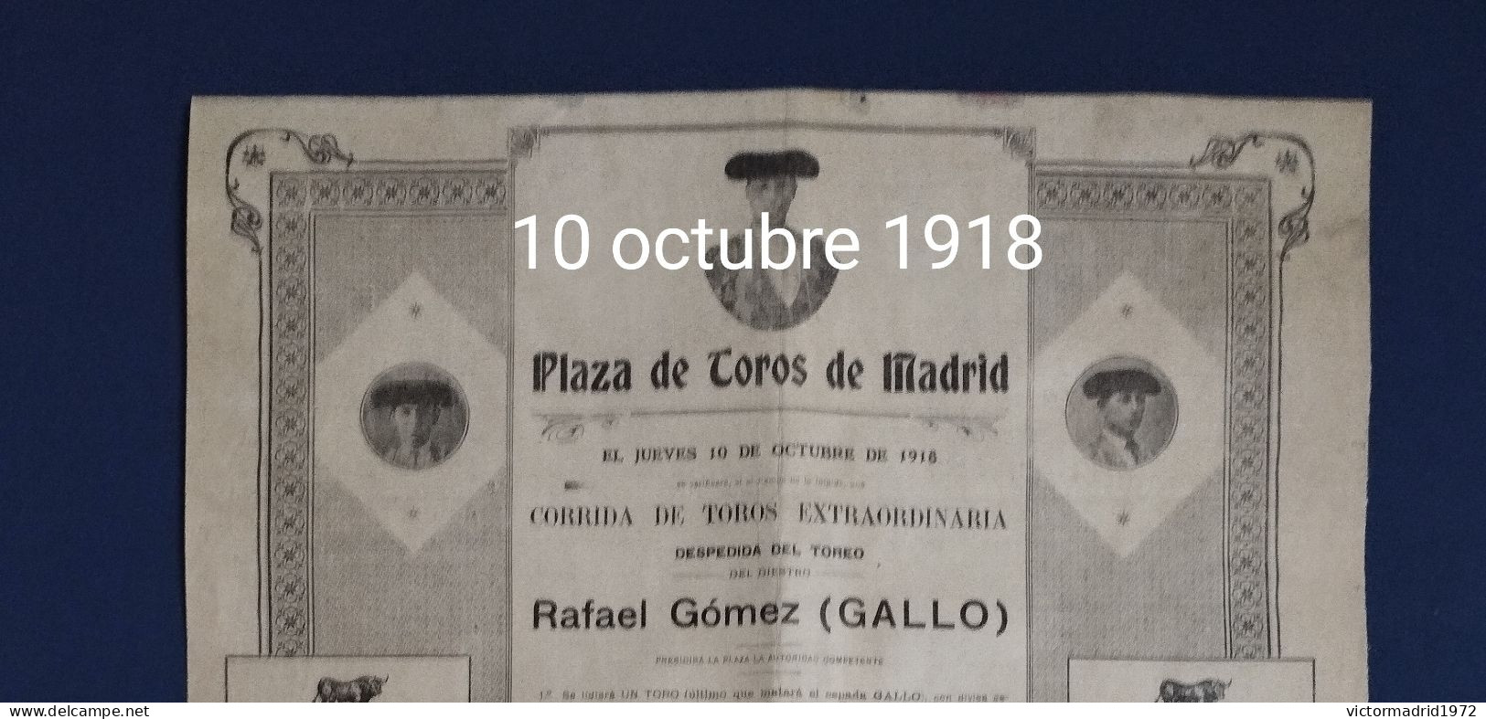 Affiche. Plaza De Toros. Gallito. Tauromachie. 10 Octubre 1918. Madrid - Afiches