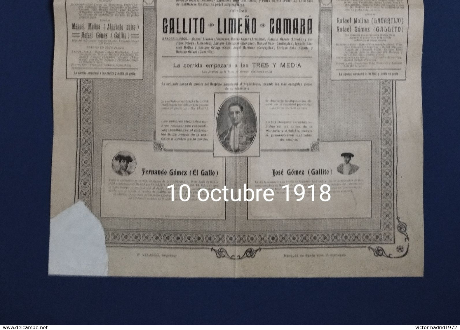 Affiche. Plaza De Toros. Gallito. Tauromachie. 10 Octubre 1918. Madrid - Affiches