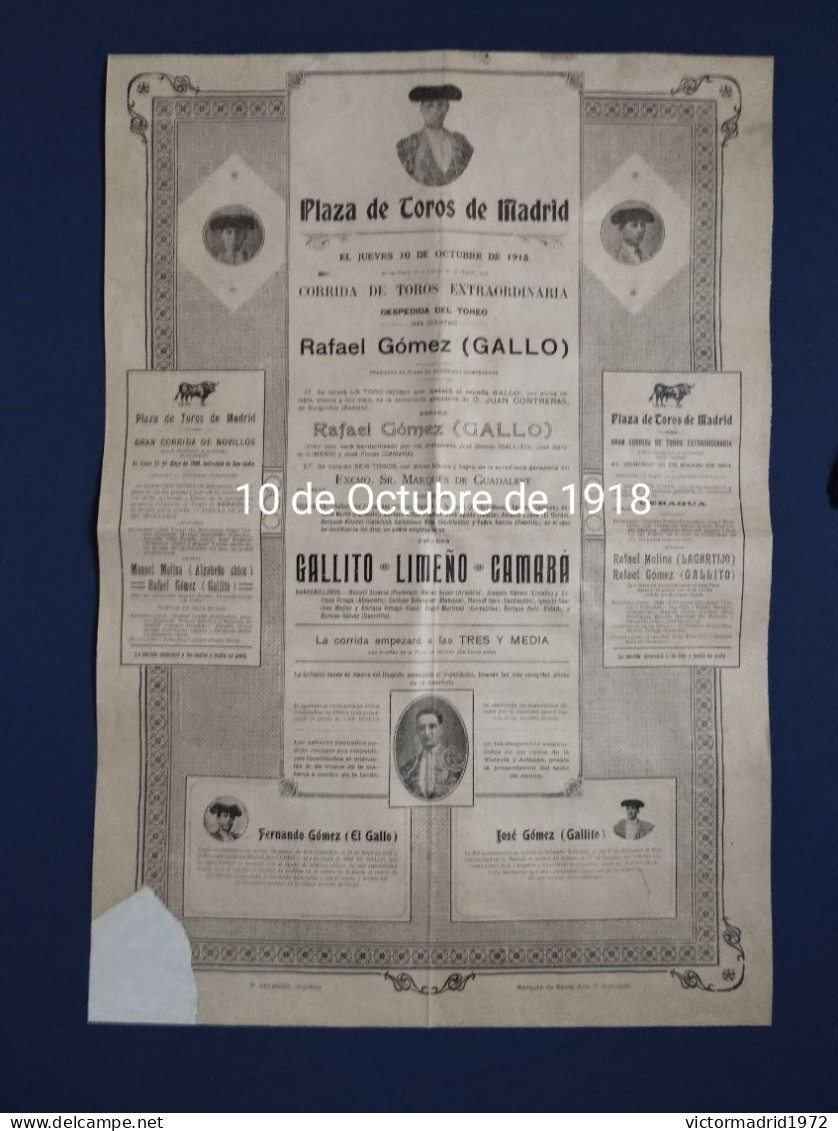 Affiche. Plaza De Toros. Gallito. Tauromachie. 10 Octubre 1918. Madrid - Manifesti