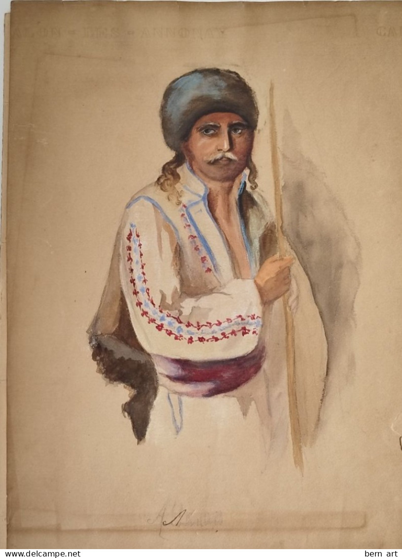 Aquarelle.- "Jeune Homme Berbère à La Lance". Signée Illisible Au Bas M.F. Attribué Atelier Flournoy 1900 - Aquarel