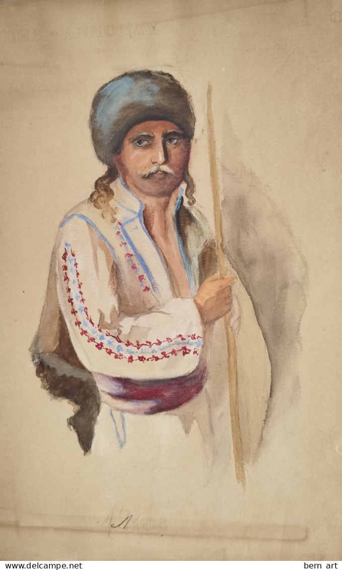 Aquarelle.- "Jeune Homme Berbère à La Lance". Signée Illisible Au Bas M.F. Attribué Atelier Flournoy 1900 - Watercolours