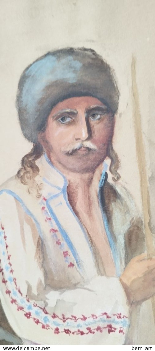 Aquarelle.- "Jeune Homme Berbère à la Lance". Signée illisible au bas M.F. Attribué Atelier Flournoy 1900