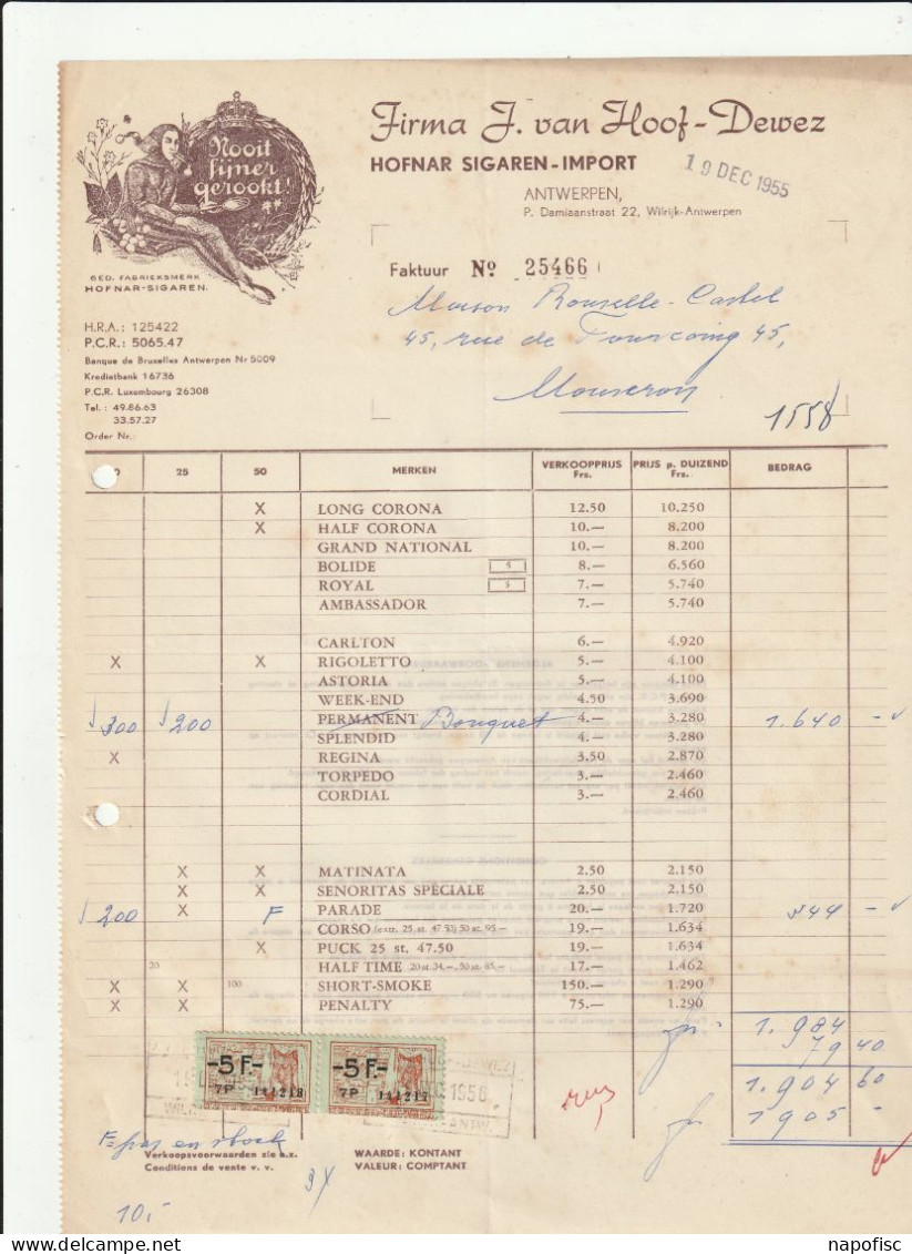 104-Firma J.Van Hoof-Dewez..Hofnar Sigaren Import...Anvers-Antwerpen...Belgique-Belgie..1955 - Andere & Zonder Classificatie