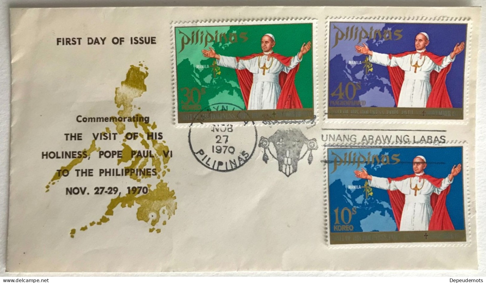 Timbre - PHILIPPINES - Visite Du Pape Paul VI - Novembre 1970 - Enveloppe 1er Jour - Premier Jour D'émission - Pilipinas - Philippines