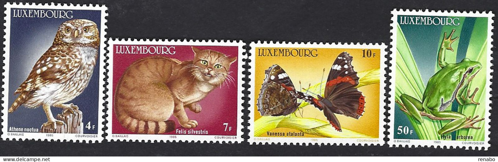 Luxembourg 1985; Endangered Animals, Animali In Via Di Estinzione; Felis Silvestris, Owl, Butterfly, Frog. Complete Set. - Chats Domestiques