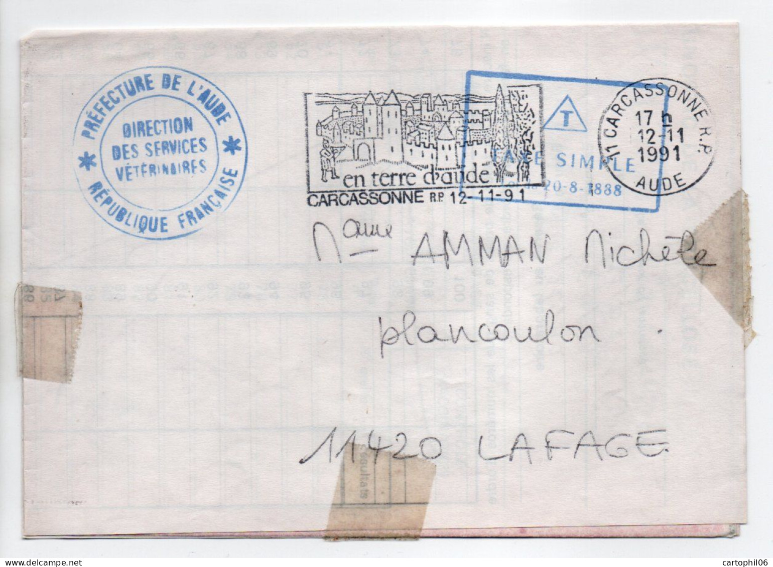 - Lettre CARCASSONNE Pour LAFAGE (Aude) 12.11.1991 - TAXE SIMPLE Loi Du 20-8-1888 - - Frankobriefe