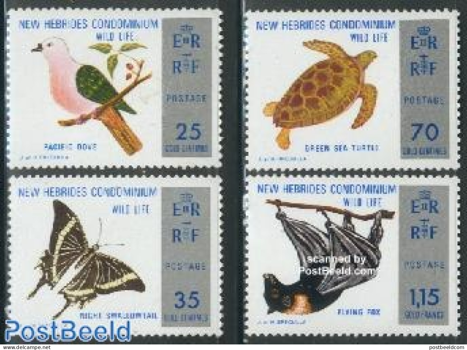 New Hebrides 1974 Animals 4v E, Mint NH, Nature - Animals (others & Mixed) - Bats - Birds - Butterflies - Reptiles - T.. - Neufs