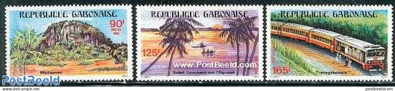 Gabon 1984 Landscapes 3v, Mint NH, Nature - Transport - Trees & Forests - Railways - Nuevos